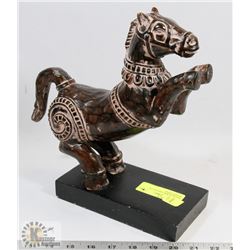 INDIAN HORSE CARVING ON WOODEN BASE