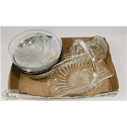 ASSORTED GLASS BOWLES, DECANTER, BASKET, VASE