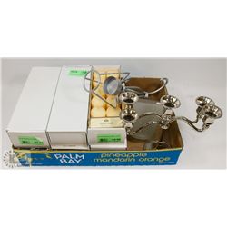 2 CANDLE HOLDER, 6 BOXES OF CANDLES