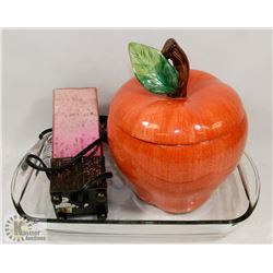 APPLE COOKIE JAR, CAKE PLATE & SMALL LAMP