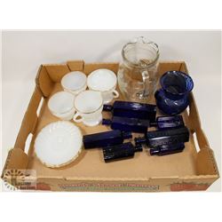 ASSORTED MILK GLASS, TEA SET, PITCHER & BLUE GLASS