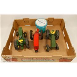 LOT OF 3 ANTIQUE METAL TRACTORS, TIN PLAYER CIG