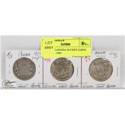 LOT OF 3 CANADA 50 CENT COINS 1929, 1942, 1943