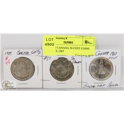 LOT OF 3 CANADA 50 CENT COINS 1944, 1949, 1967