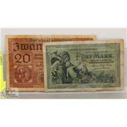 2 GERMAN BANK NOTES 20 MARKS 1918,  5 MARK 1904
