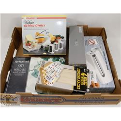 FLAT OF HOUSEHOLD ITEMS INCLUDING ROTARY GRATER