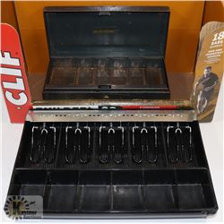 BOX WITH CASH DRAWER TRAY AND VINTAGE STEEL CASH