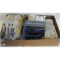 FLAT OF SAFETY GLASSES & LEATHER WORK GLOVES