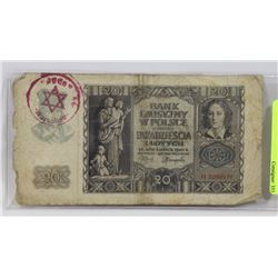 NAZI WARSAW JEWISH GHETTO BANKNOTE 20 ZLOTYCH