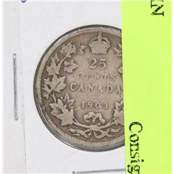 1903 CANADIAN SILVER EDVII 25 CENT COIN