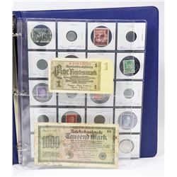 BINDER WITH GERMAN COINS, STAMPS AND NOTES