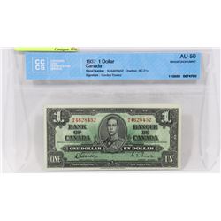 CERTIFIED AU50 1937 CANADIAN $1 NOTE