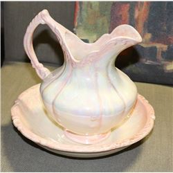 PINK IRIDESCENT WATER PITCHER AND BOWL