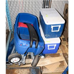 PALLET WITH 2 COLEMAN COOLERS, LITTLE TIKES