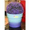 Image 1 : PURPLE AND BLUE POT WITH PURPLE FLORAL ARRANGEMENT