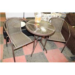 ROUND GLASS TOP PATIO TABLE WITH 2 WICKER &