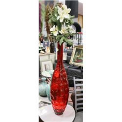 RED GLASS TALL VASE WITH WHITE ARTIFICIAL FLOWERS