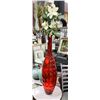 Image 1 : RED GLASS TALL VASE WITH WHITE ARTIFICIAL FLOWERS