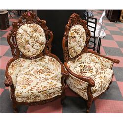 2 VINTAGE AND CARVED STYLE UPHOLSTERED CHAIRS