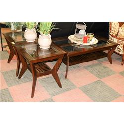 WOOD AND GLASS COFFE AND END TABLE SET.