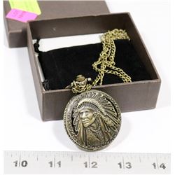 NEW BRONZE POCKET WATCH WITH CHAIN NATIVE CHIEF