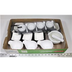 MORTAR & PESTLE WITH ASSORTED WHITE SERVING WARE