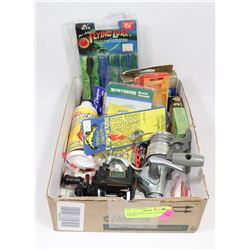 BOX OF FISHING REELS AND NEW TACKLE,
