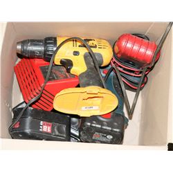 BOX OF ASSORTED POWER TOOLS.