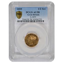 1855 1/2 Sovereign Gold Coin PCGS AU58
