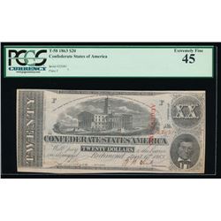 1863 $20 Confederate States of America Note PCGS 45