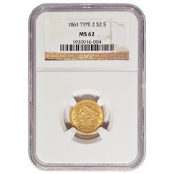 1861 $2.5 Liberty Head Quarter Eagle Gold Coin NGC MS62