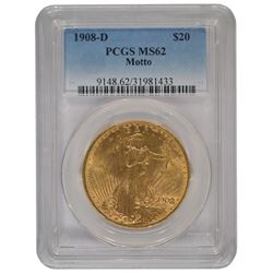 1908-D $20 St Gaudens Double Eagle Motto Gold Coin PCGS MS62