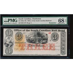 1840s-70s $3 South Carolina Railroad Obsolete Note PMG 68EPQ