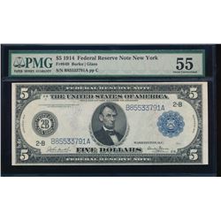 1914 $5 New York Federal Reserve Note PMG 55