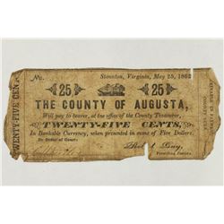 1862 COUNTY OF AUGUSTA, STAUNTON, VIRGINIA 25 CENT