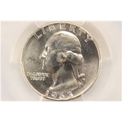 1963 WASHINGTON SILVER QUARTER PCGS MS65