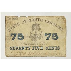 1863 STATE OF SOUTH CAROLINA 75 CENT OBSOLETE BANK