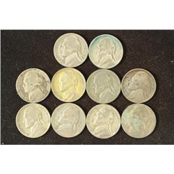 10 ASSORTED 35% SILVER JEFFERSON WAR NICKELS