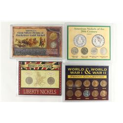 4 US COIN SETS. AMERICAS 1ST SILVER PENNY AND