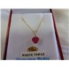 Image 2 : 10KT YELLOW GOLD 6x6mm GENUINE 1CT RUBY AND WHITE TOPAZ HEART PENDANT W/ STERLING GOLD PLATED CHAIN 