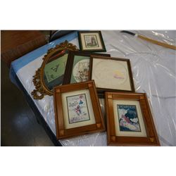 5 FRAMED ART WORKS - 2 NEEDLE PRINT, 1 TEXTILE ART, LARGEST 15" x 18", AND DECORATIVE MIRROR