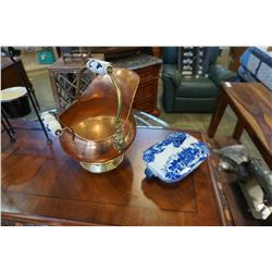 COPPER COAL HOB AND FLOW BLUE LIDDED CASSEROLE