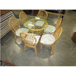 GLASS TOP ROUND RATTAN PATIO TABLE AND 6 CHAIRS
