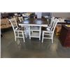 Image 2 : AS NEW TALL WHITE AND NATURAL WOOD DINING TABLE AND 4 STOOLS W/ EXTENSIONS - 1 MARK ON TABLE TOP, RE