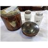 Image 1 : 1929 OAK BISCUIT BARREL, MID-CENTURY BRASS AND WOOD DISH, AND SALT AND PEPPER