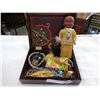 Image 1 : WOOD BOX OF NATIVE DOLL AND NATIVE ITEMS