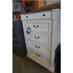 NEW ASHLEY WHITE WITH NATURAL WOOD TOP 5 DRAWER CHEST OF DRAWERS, RETAIL $899