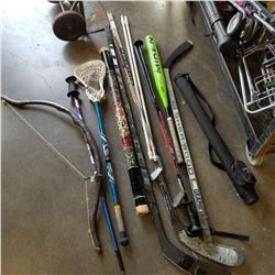 LOT OF SPORTS EQUIPMENT, BASEBALL BAT, HOCKEY STICKS