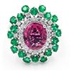 Image 1 : 5.74 ctw Pink Tourmaline, Emerald and Diamond Ring - 14KT White Gold