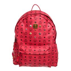 MCM Red Visetos Coated Canvas Studded Large Backpack